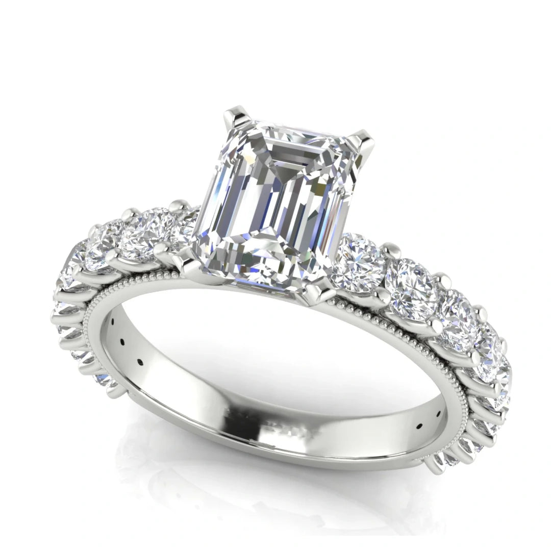 Round Pave Milgrain Emerald Cut Lab Diamond Engagement Ring