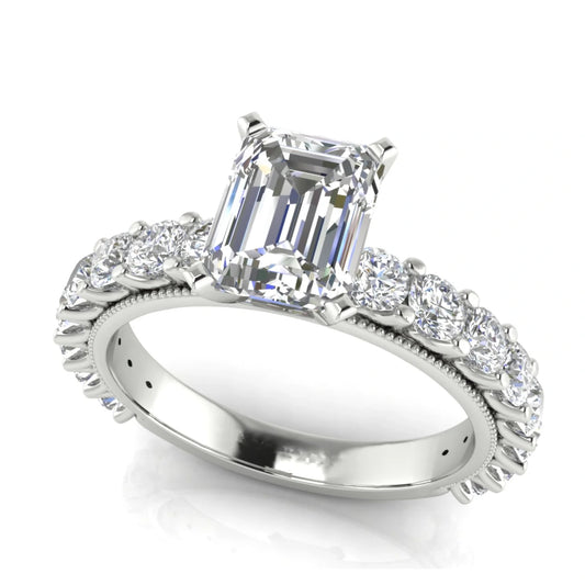 Round Pave Milgrain Emerald Cut Lab Diamond Engagement Ring