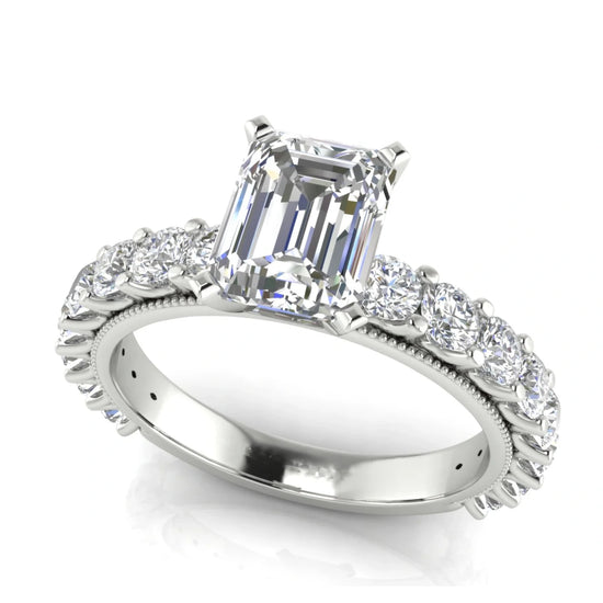 Round Pave Milgrain Emerald Cut Lab Diamond Engagement Ring