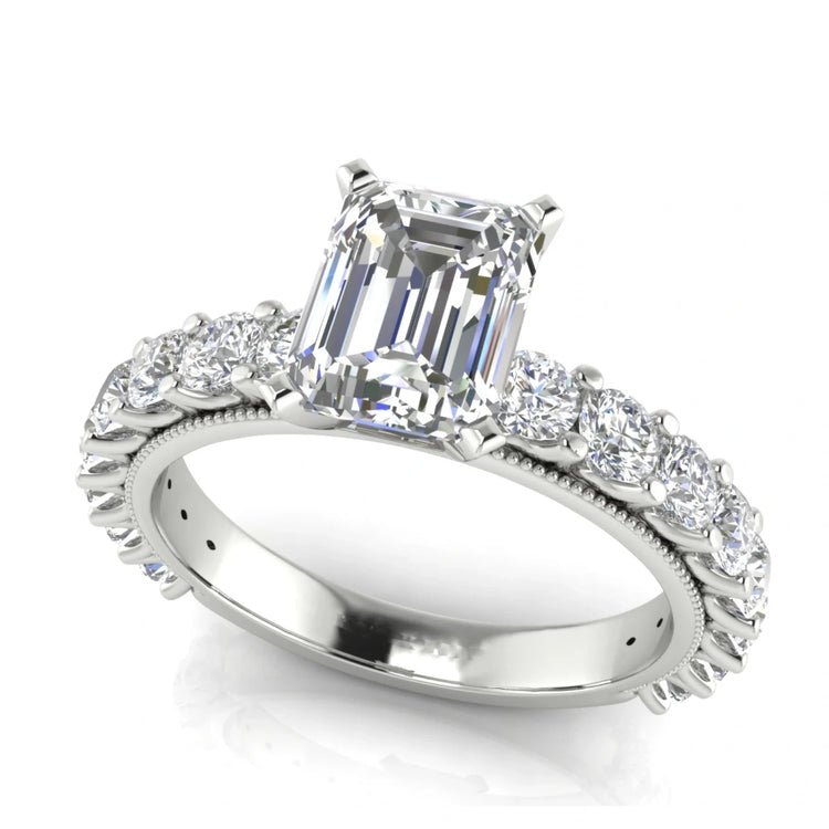 Round Pave Milgrain Emerald Cut Lab Diamond Engagement Ring