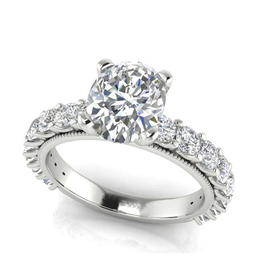 Round Pave Milgrain Oval Lab Diamond Engagement Ring