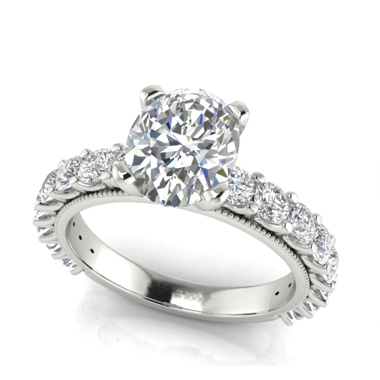 Round Pave Milgrain Oval Lab Diamond Engagement Ring