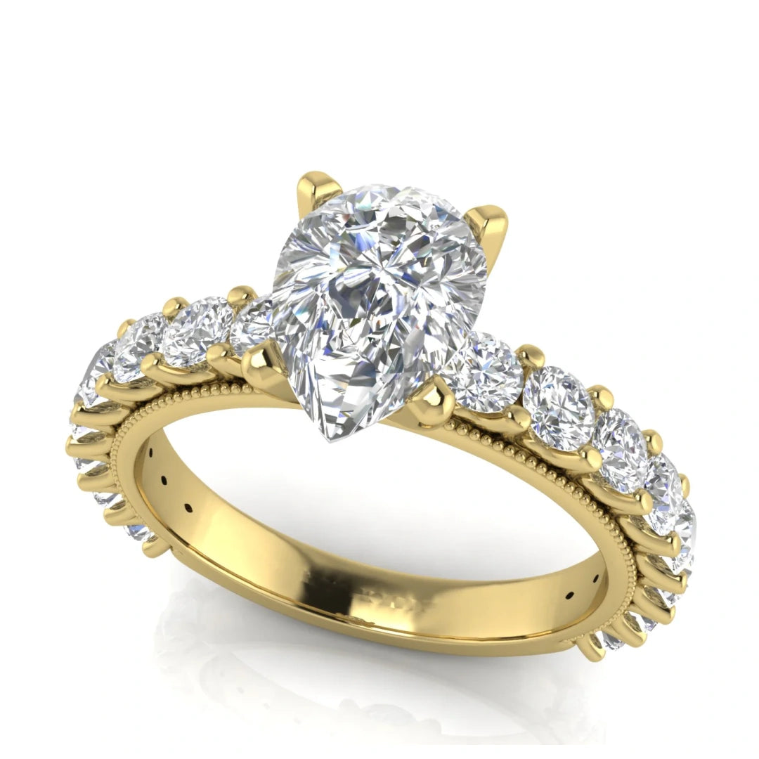 Round Pave Milgrain Pear Shaped Lab Diamond Engagement Ring