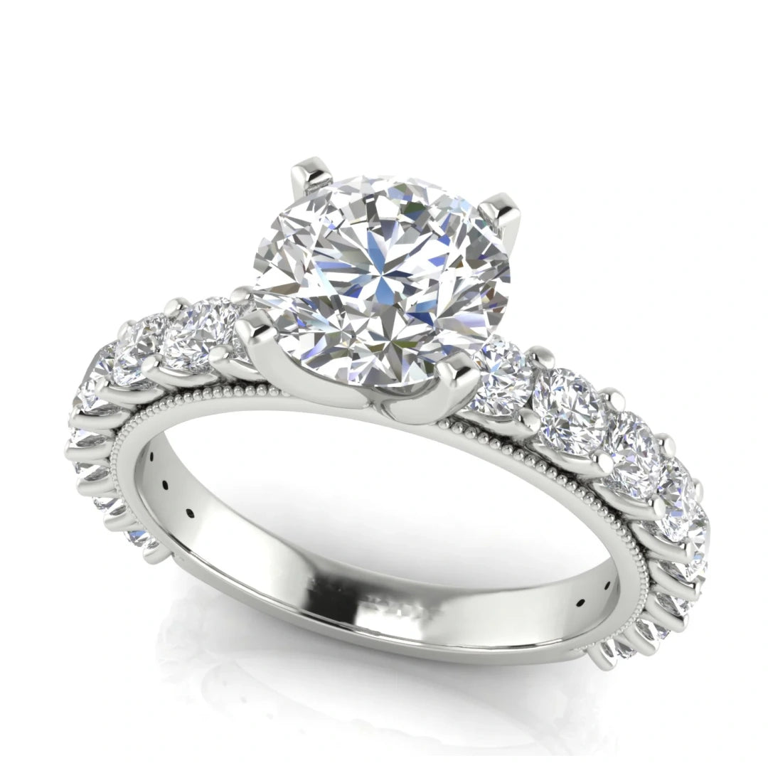 Round Pave Milgrain Round Cut Lab Diamond Engagement Ring