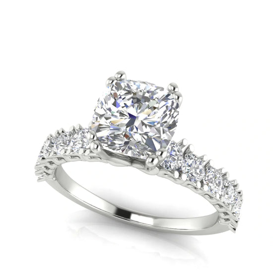 Scalloped Pave Cushion Cut Lab Diamond Engagement Ring