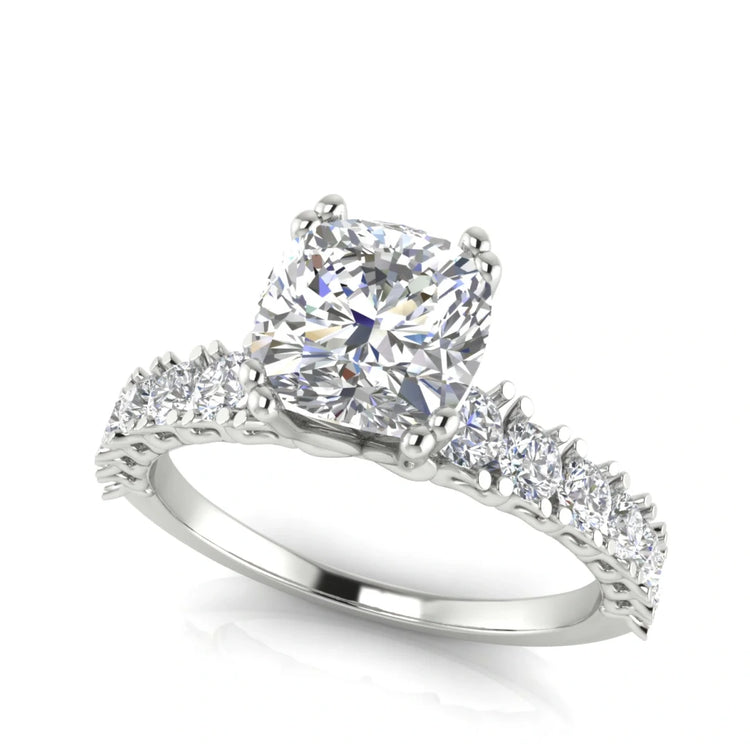 Scalloped Pave Cushion Cut Lab Diamond Engagement Ring