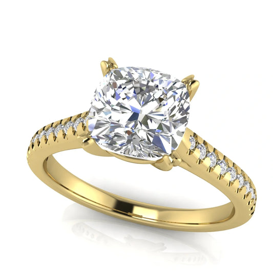 Shared Prong Pave Cushion Cut Lab Diamond Engagement Ring