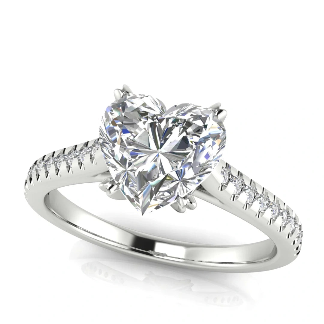 Shared Prong Pave Heart Shaped Lab Diamond Engagement Ring