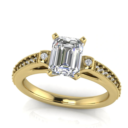 Shoulder Set Vintage Emerald Cut Lab Diamond Engagement Ring