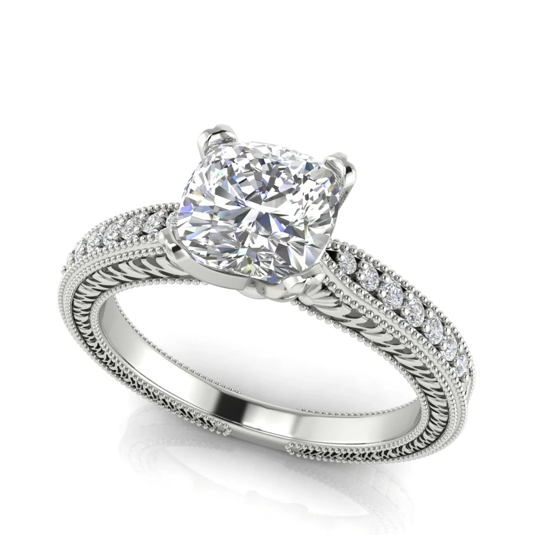 Tapered Vintage Inspired Cushion Cut Lab Diamond Engagement Ring
