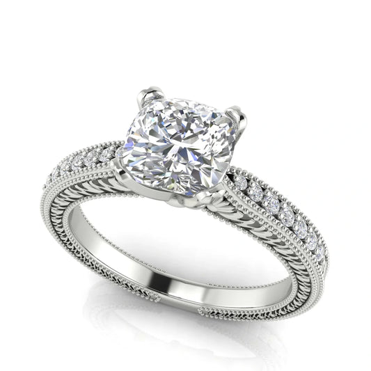 Tapered Vintage Inspired Cushion Cut Lab Diamond Engagement Ring