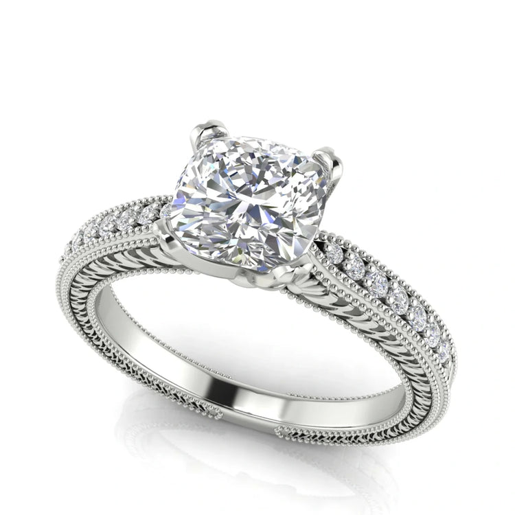 Tapered Vintage Inspired Cushion Cut Lab Diamond Engagement Ring