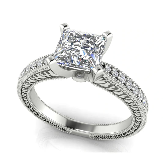 Tapered Vintage Inspired Princess Cut Lab Diamond Engagement Ring