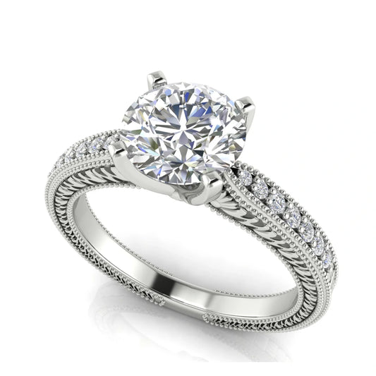 Tapered Vintage Inspired Round Cut Lab Diamond Engagement Ring