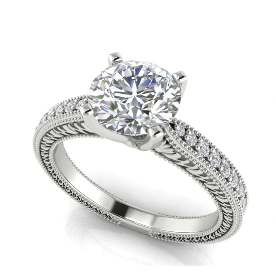 Tapered Vintage Inspired Round Cut Lab Diamond Engagement Ring