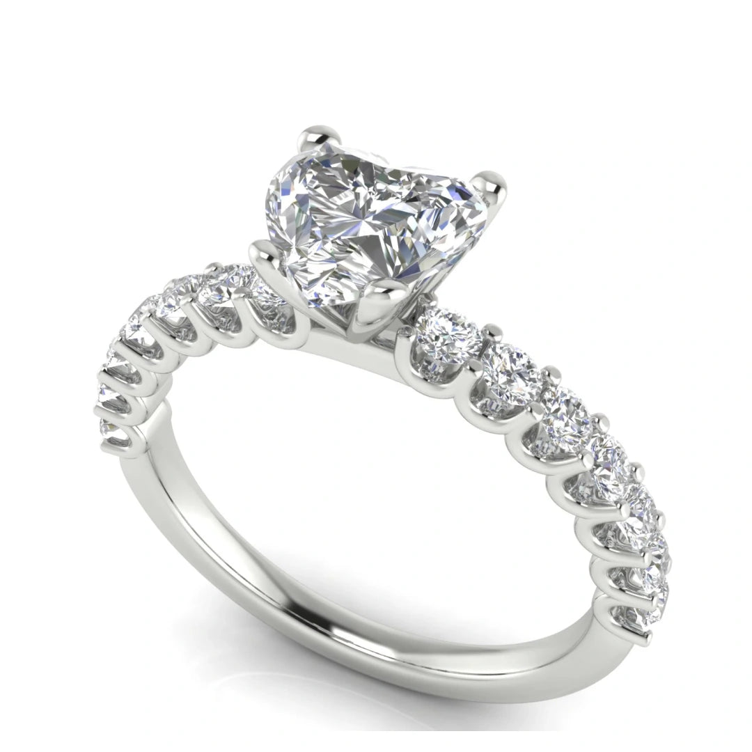 U Prong Pave Heart Shaped Lab Diamond Engagement Ring