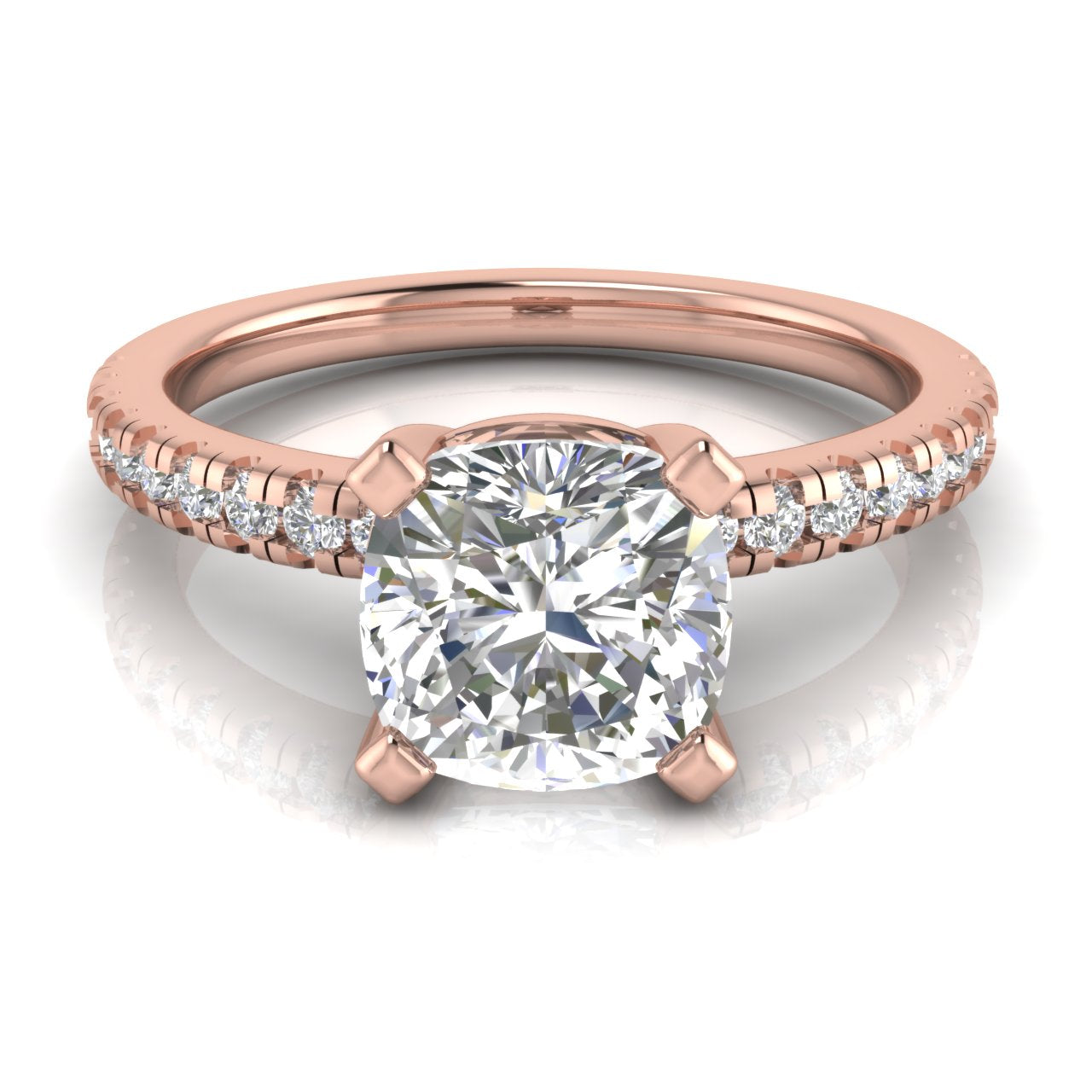 French Pave Basket Cushion Cut Lab Diamond Engagement Ring