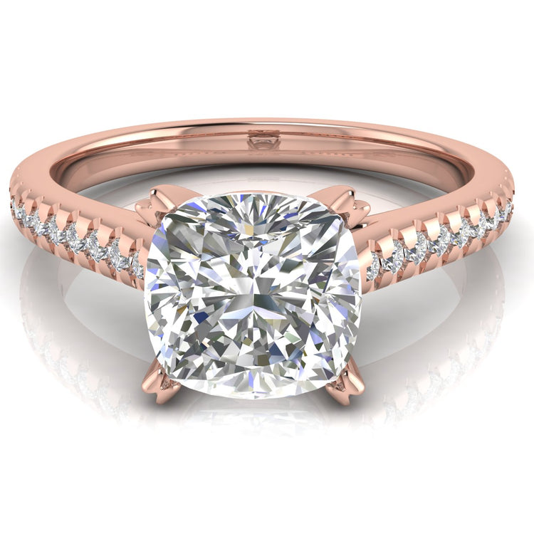 Shared Prong Pave Cushion Cut Lab Diamond Engagement Ring