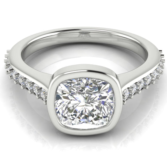 Pave Bezel Set Cushion Cut Moissanite Engagement Ring