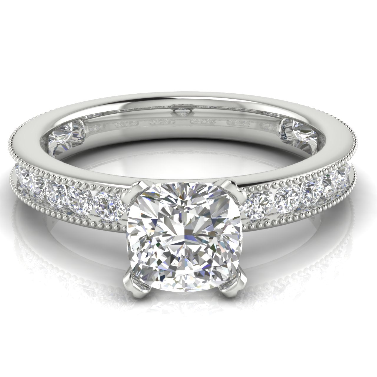 Channel Set Milgrain Cushion Cut Moissanite Engagement Ring