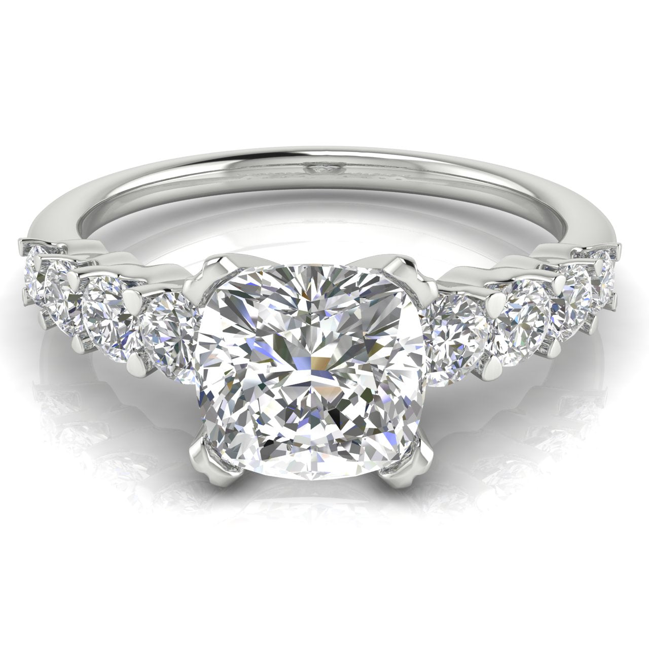 Graduated Pave Cushion Cut Lab Diamond Engagement Ring