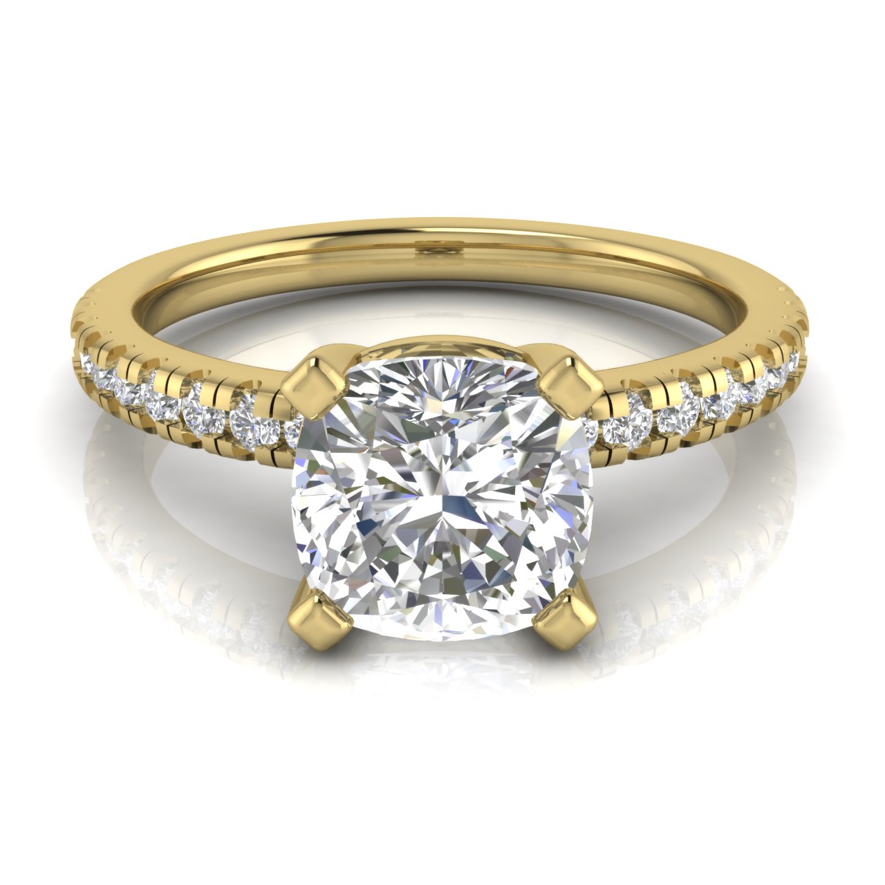 French Pave Basket Cushion Cut Lab Diamond Engagement Ring