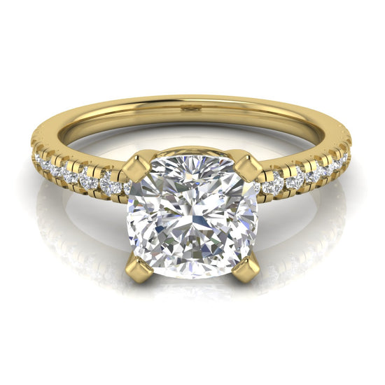 French Pave Basket Cushion Cut Lab Diamond Engagement Ring