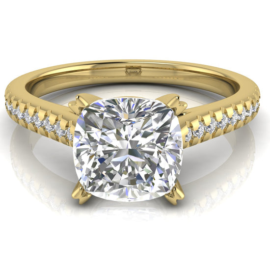 Shared Prong Pave Cushion Cut Lab Diamond Engagement Ring