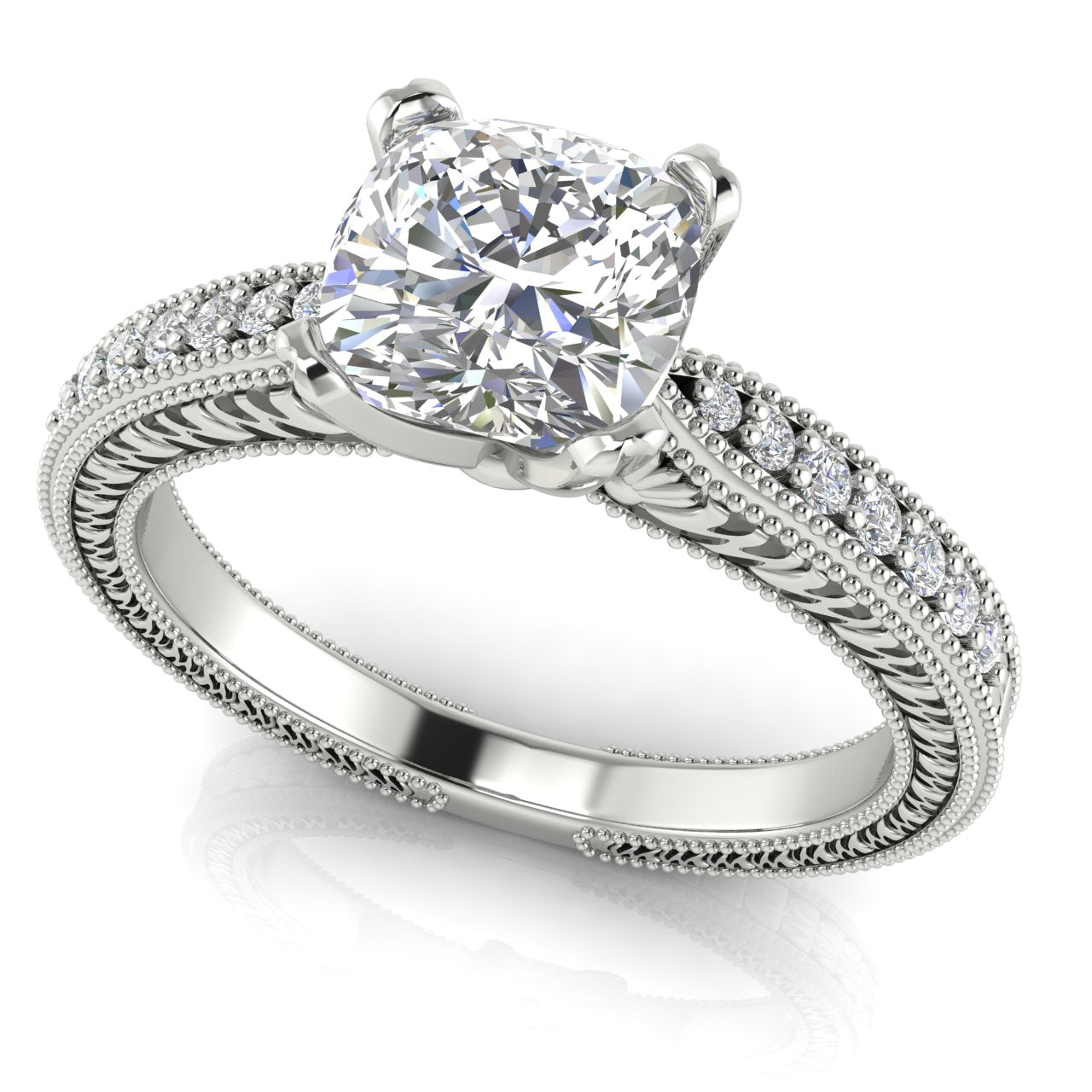 Tapered Vintage Inspired Cushion Cut Moissanite Engagement Ring