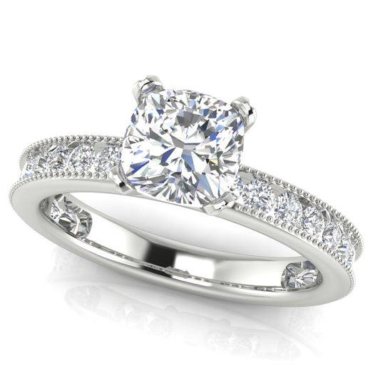 Channel Set Milgrain Cushion Cut Lab Diamond Engagement Ring