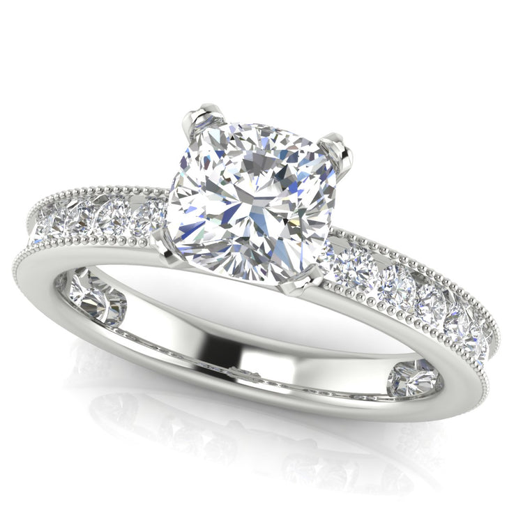 Channel Set Milgrain Cushion Cut Moissanite Engagement Ring