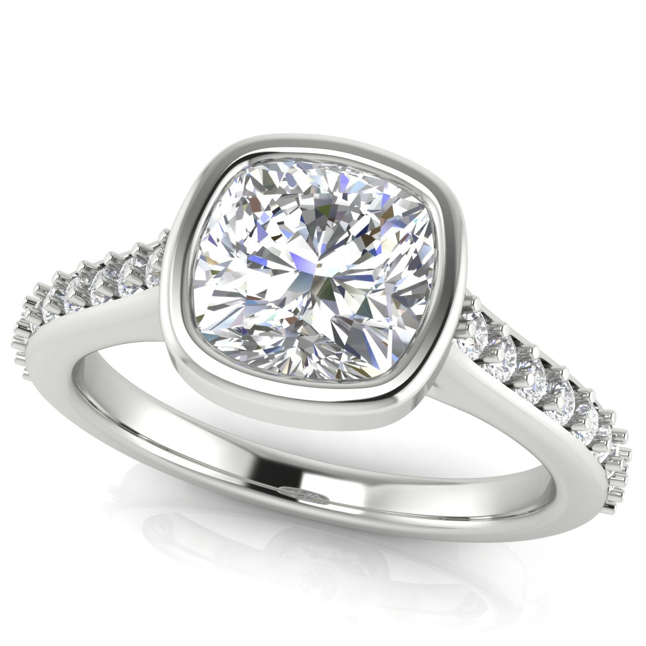 Pave Bezel Set Cushion Cut Moissanite Engagement Ring