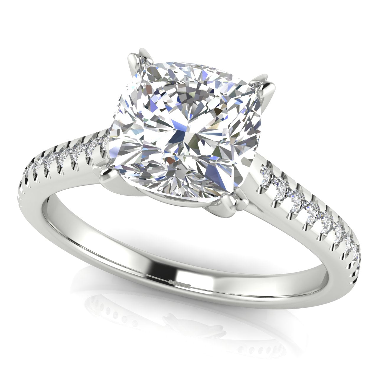 Shared Prong Pave Cushion Cut Lab Diamond Engagement Ring