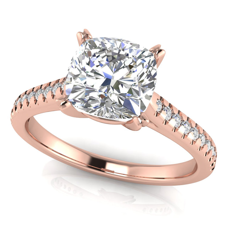 Shared Prong Pave Cushion Cut Lab Diamond Engagement Ring