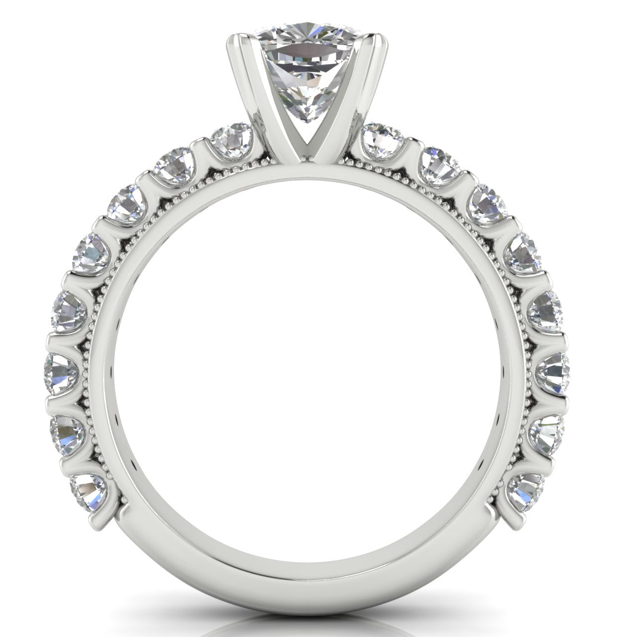 Round Pave Milgrain Cushion Cut Lab Diamond Engagement Ring