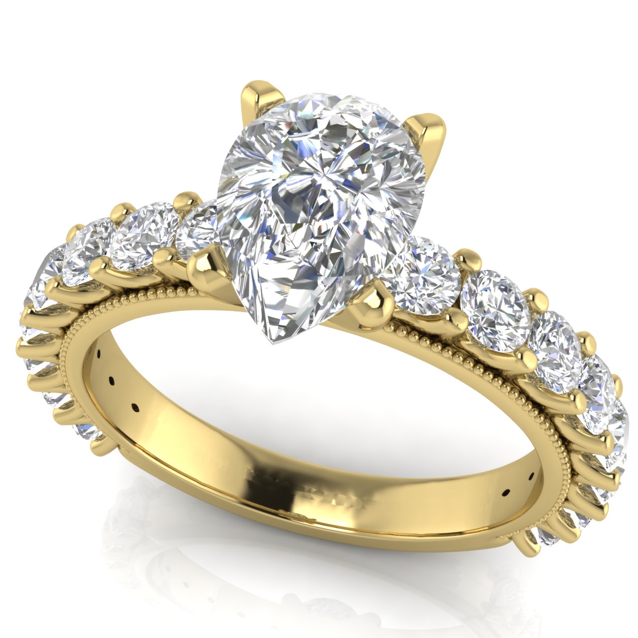 Round Pave Milgrain Pear Shaped Moissanite Engagement Ring