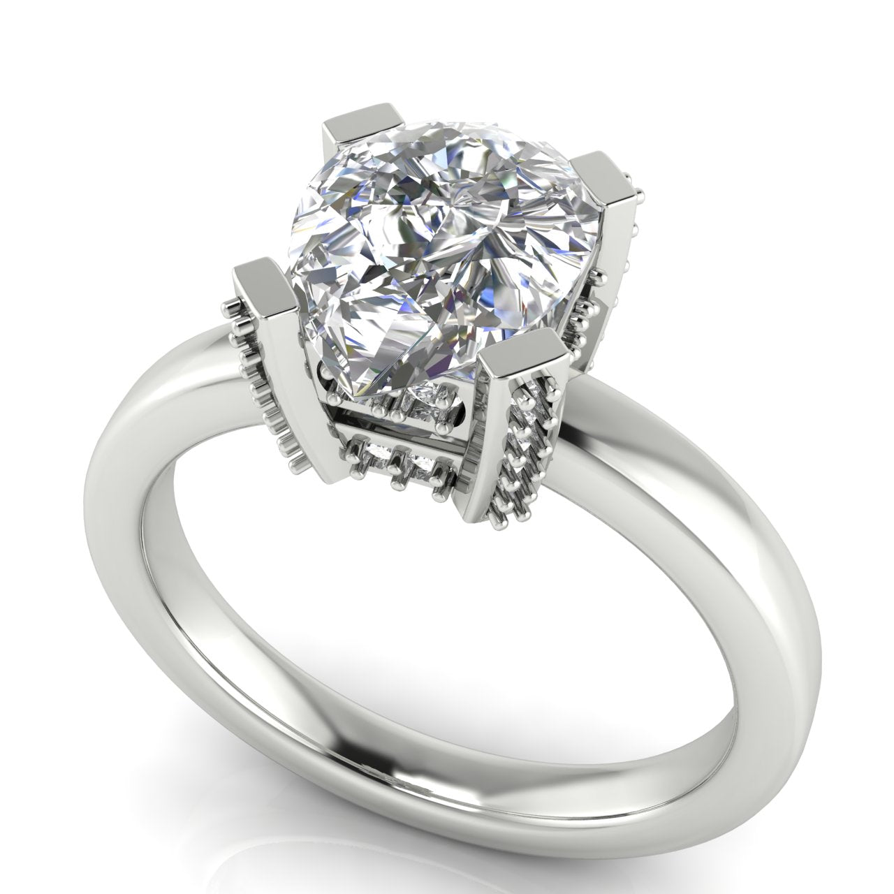 Architectural Pave Pear Shaped Moissanite Engagement Ring