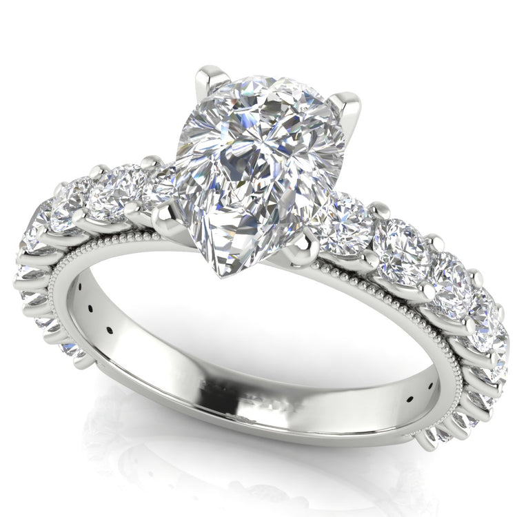 Round Pave Milgrain Pear Shaped Moissanite Engagement Ring