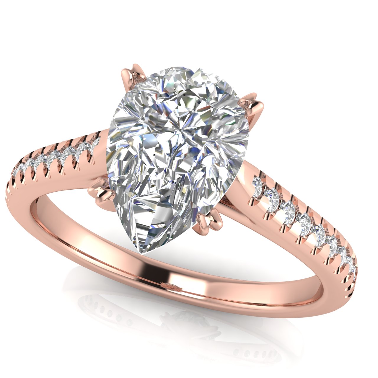 Shared Prong Pave Pear Shaped Moissanite Engagement Ring