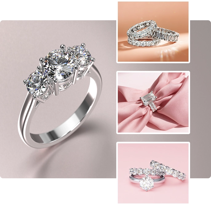 A collage of lab diamond rings on a soft pink and peach background. The large left ring shows a silver tone band with three round brilliant cut lab grown diamonds