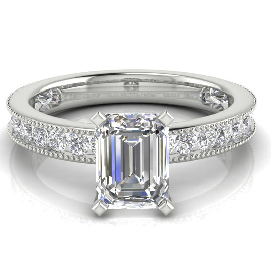 Channel Set Milgrain Emerald Cut  Engagement Ring | Moissanite | Lab Grown Diamond