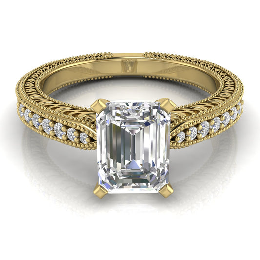 Tapered Vintage Inspired Emerald Cut Lab Diamond Engagement Ring