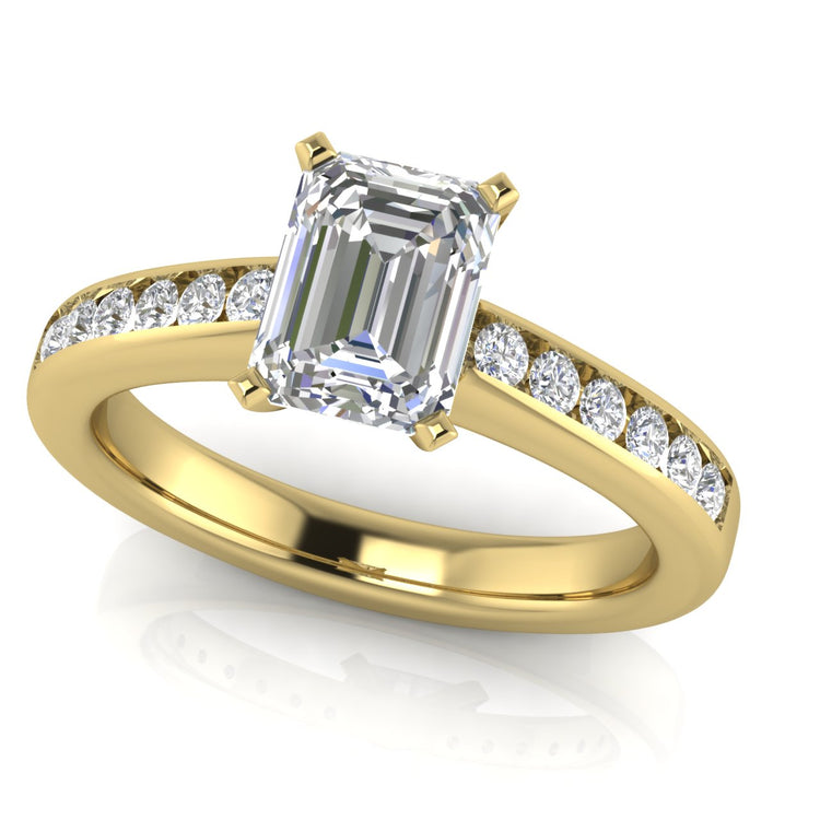 Round Channel Set Emerald Cut Lab Diamond Engagement Ring