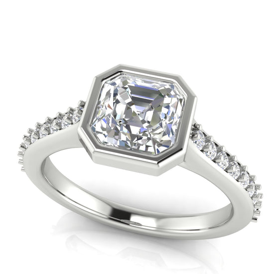 Pave Bezel Set Emerald Cut Moissanite Engagement Ring