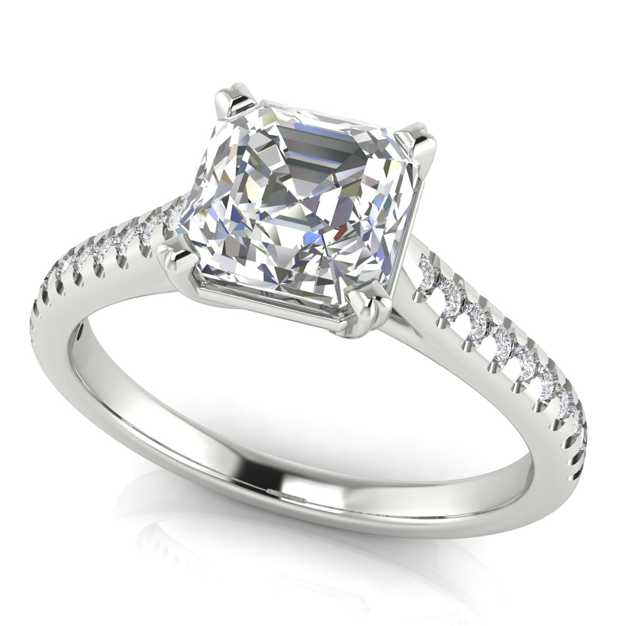 Shared Prong Pave Emerald Cut Moissanite Engagement Ring