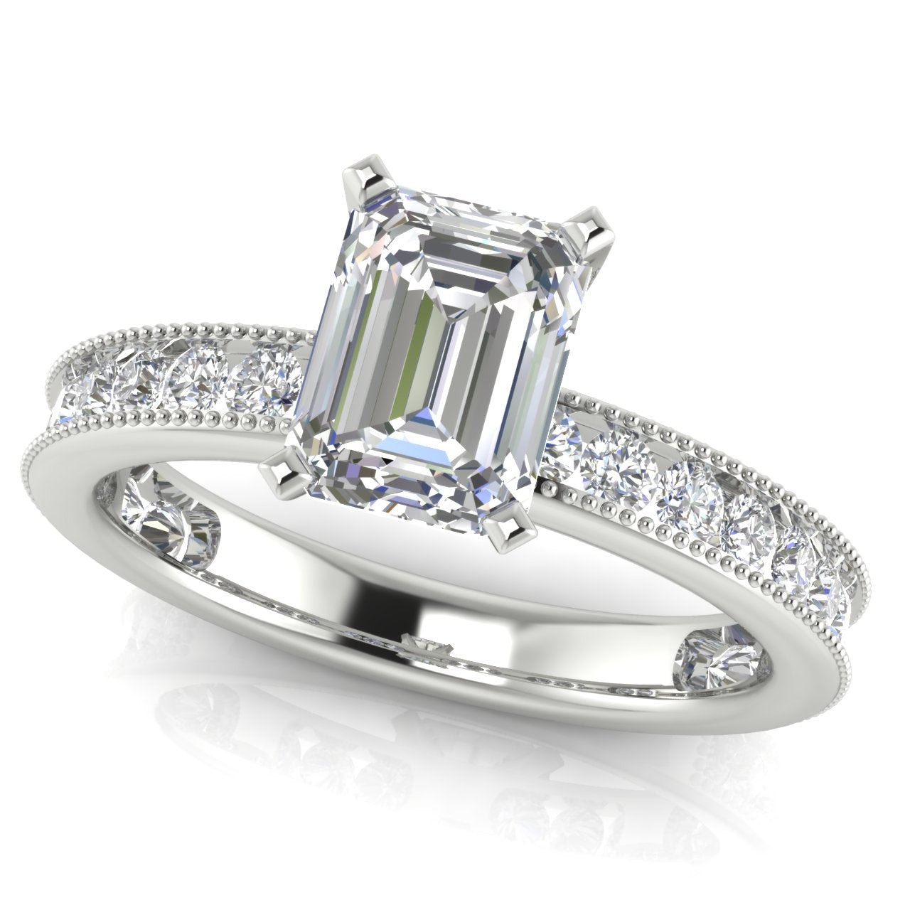 Channel Set Milgrain Emerald Cut Moissanite Engagement Ring