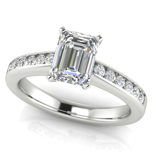 Round Channel Set Emerald Cut Lab Diamond Engagement Ring