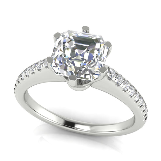 French Pave Emerald Cut Moissanite Engagement Ring