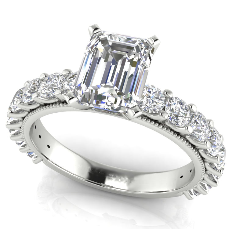 Round Pave Milgrain Emerald Cut Lab Diamond Engagement Ring