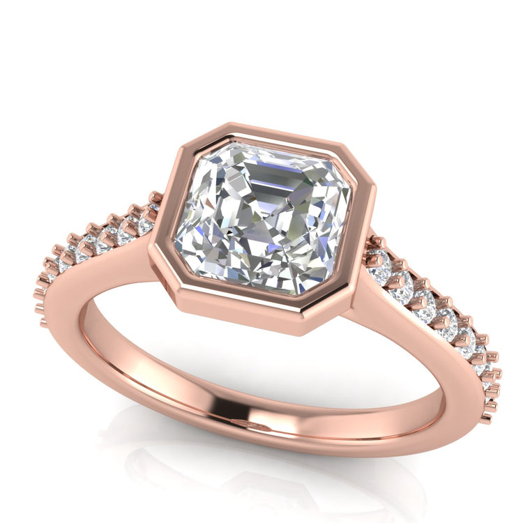 Pave Bezel Set Emerald Cut Lab Diamond Engagement Ring